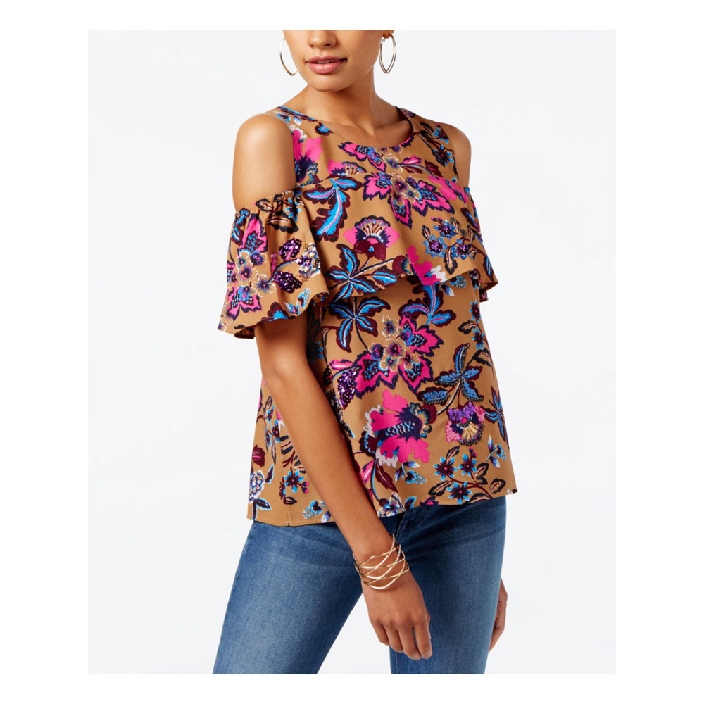 INC Sequined Floral Cold-shoulder Ruffle Blouse